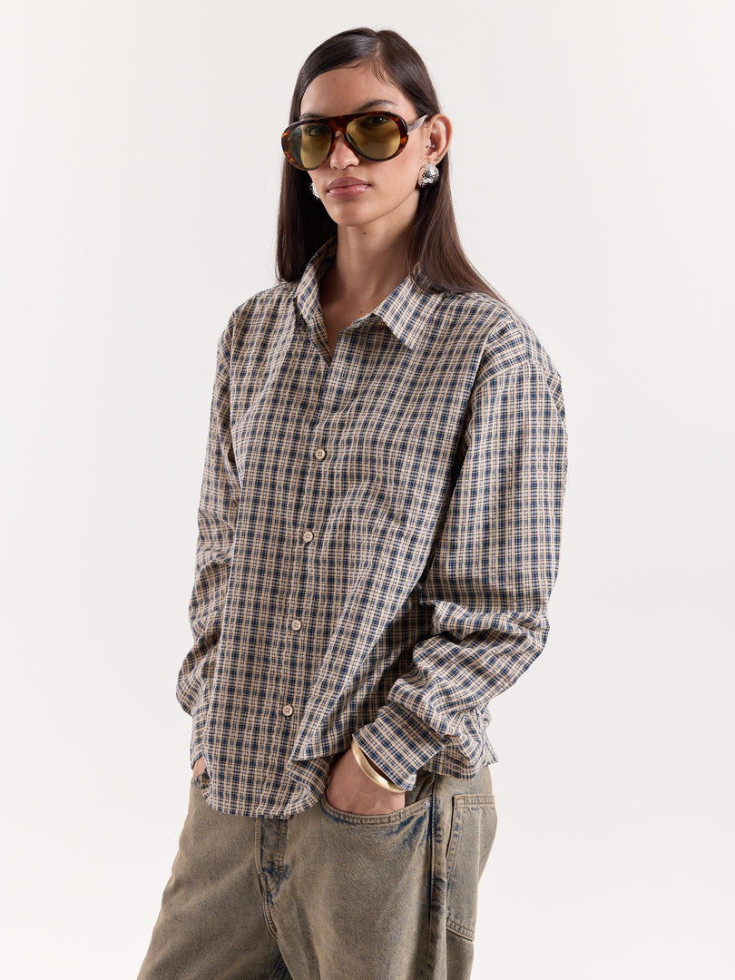 Blue & Beige Checkered Cropped Shirt