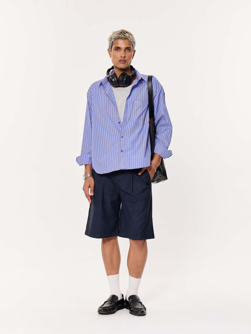 Blue & Black Striped Oversized Cropped Shirt