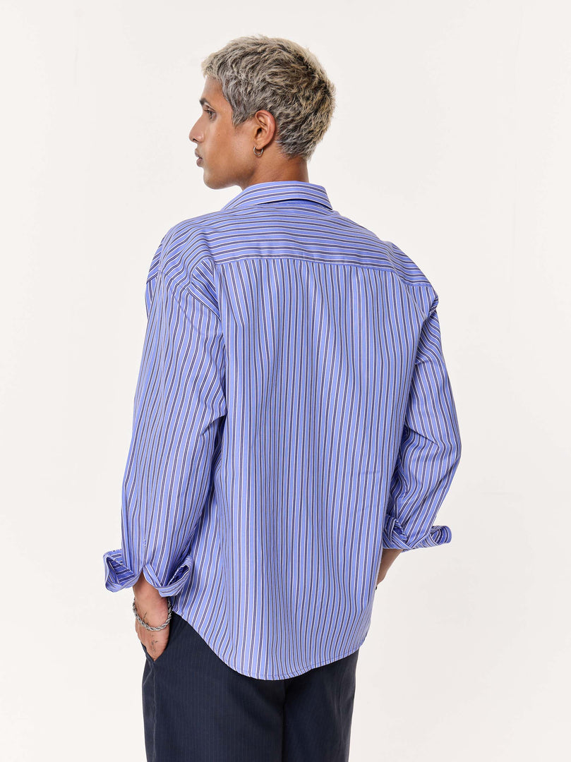 Blue & Black Striped Oversized Cropped Shirt