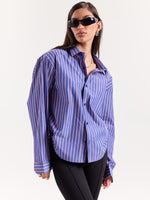 Load image into Gallery viewer, Blue &amp; Peach Striped Poplin Cropped Shirt