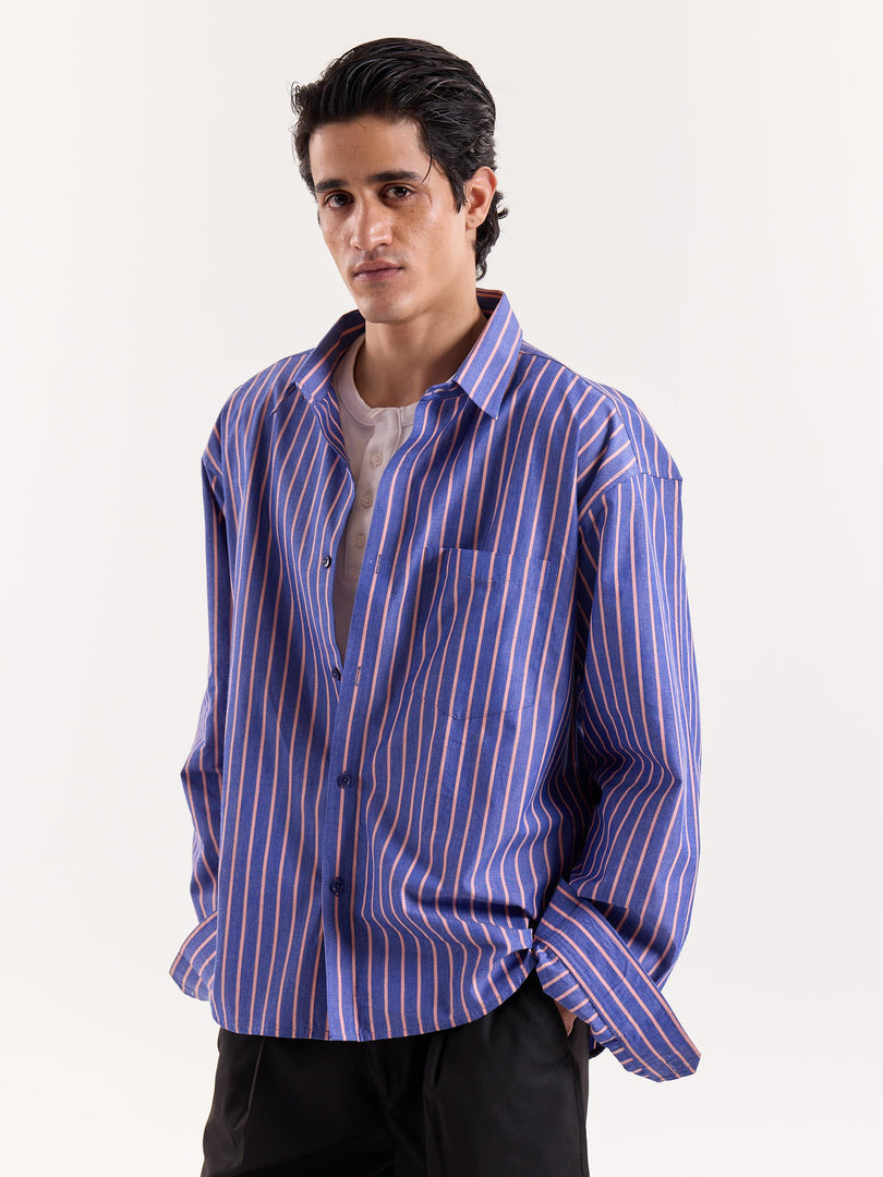 Blue & Peach Striped Poplin Cropped Shirt