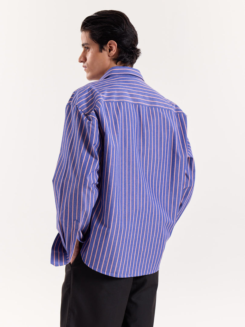 Blue & Peach Striped Poplin Cropped Shirt