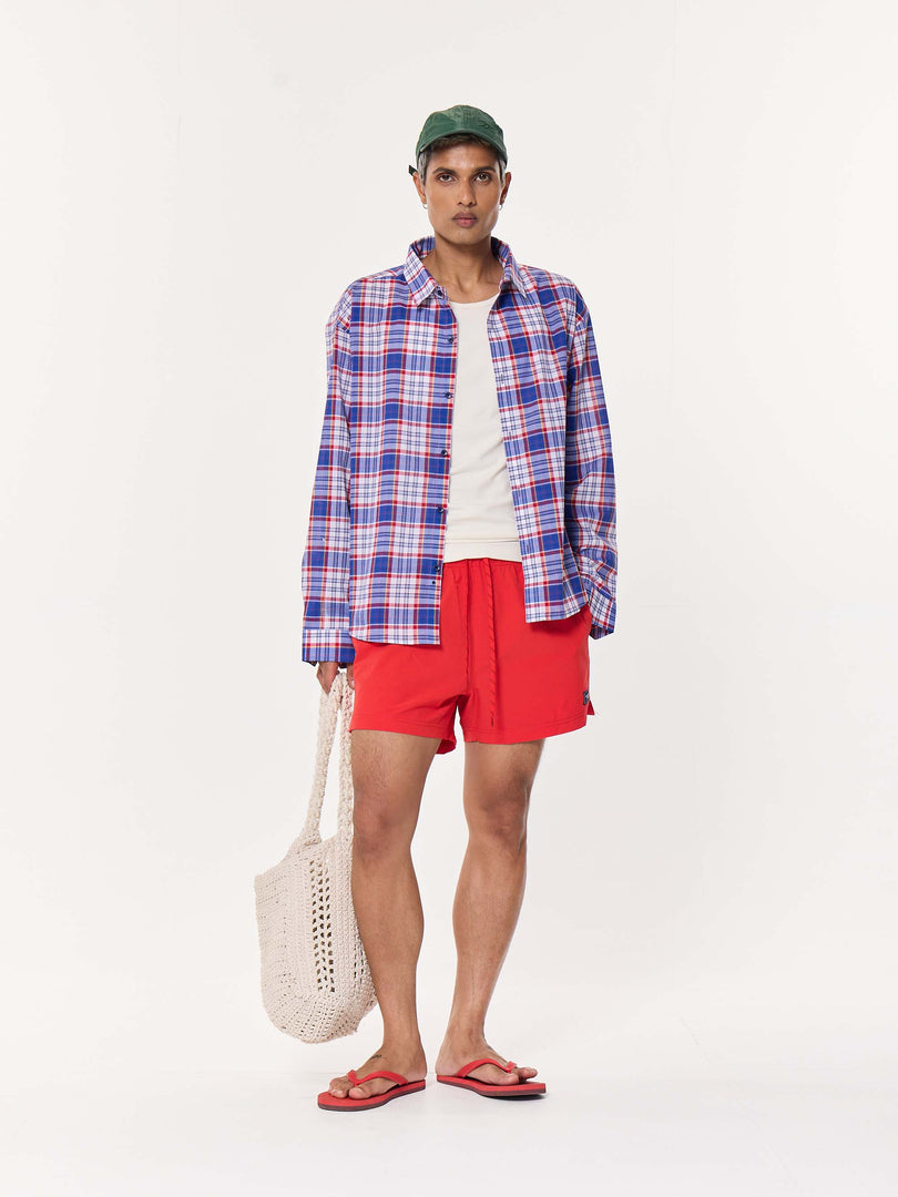 Blue & Red Madras Checkered Oversized Cropped Shirt