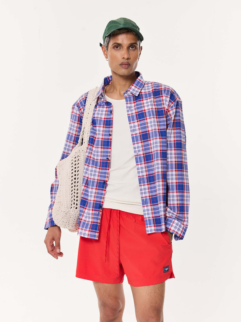 Blue & Red Madras Checkered Oversized Cropped Shirt