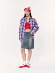 Blue & Red Madras Checkered Oversized Cropped Shirt