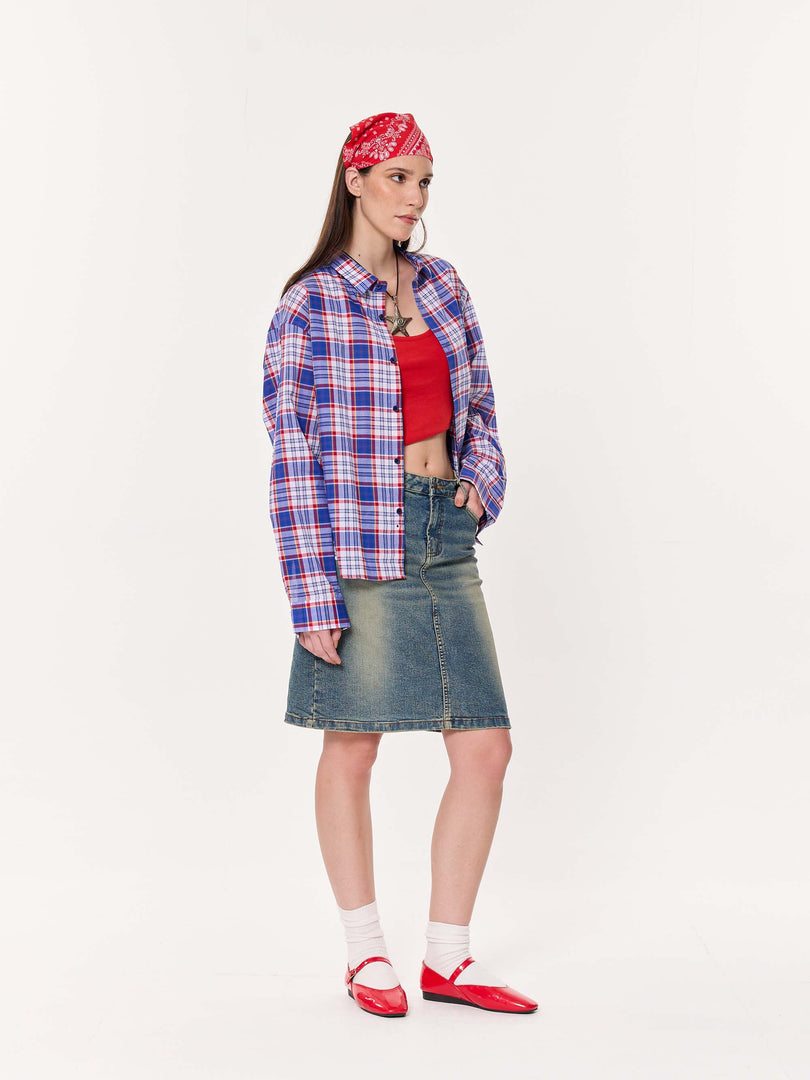 Blue & Red Madras Checkered Oversized Cropped Shirt