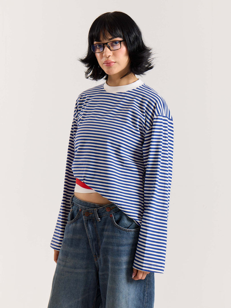 Blue Striped Loose Fit Cropped T-Shirt