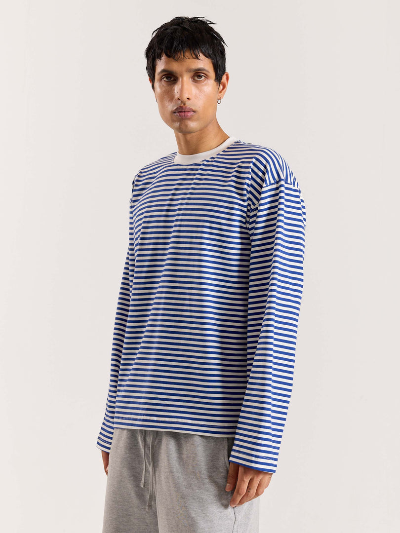 Blue Striped Loose Fit Cropped T-Shirt