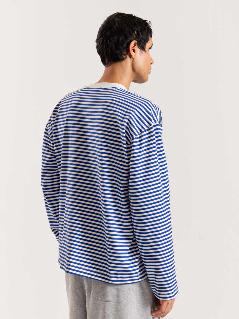 Blue Striped Loose Fit Cropped T-Shirt