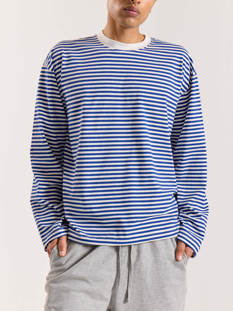 Blue Striped Loose Fit Cropped T-Shirt