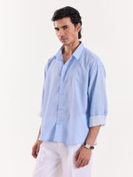 Load image into Gallery viewer, Blue &amp; White Pinstriped Linen Cropped Shirt