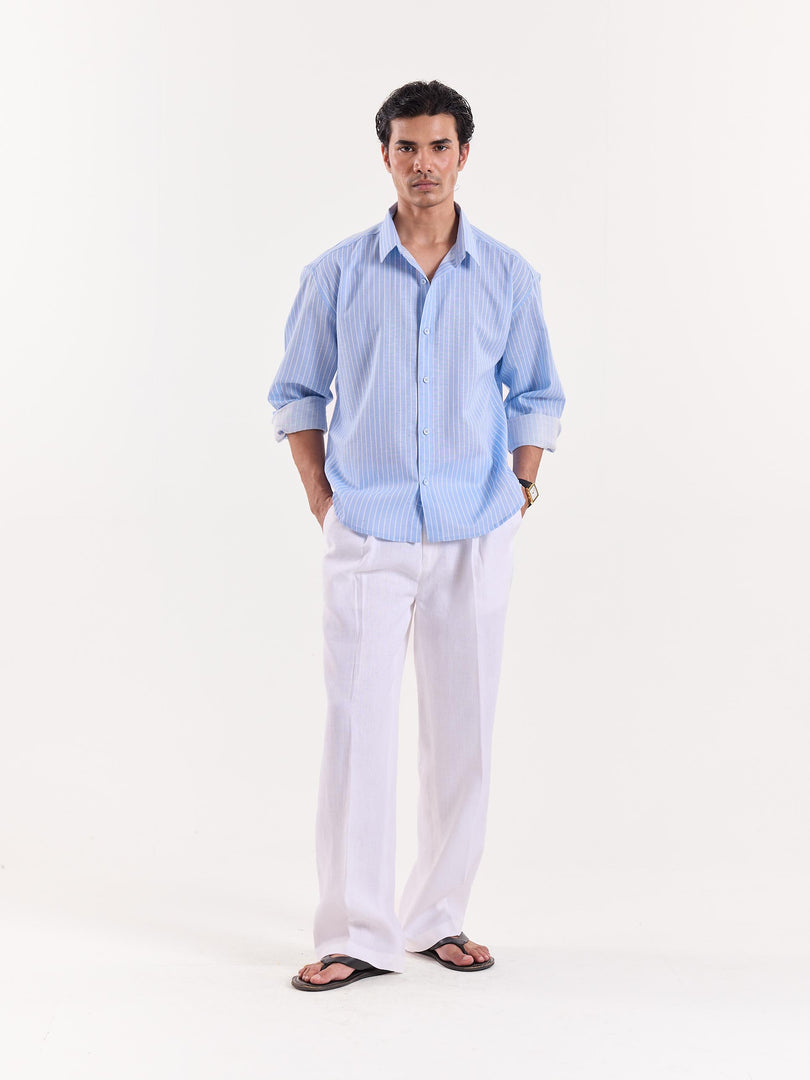 Blue & White Pinstriped Linen Cropped Shirt