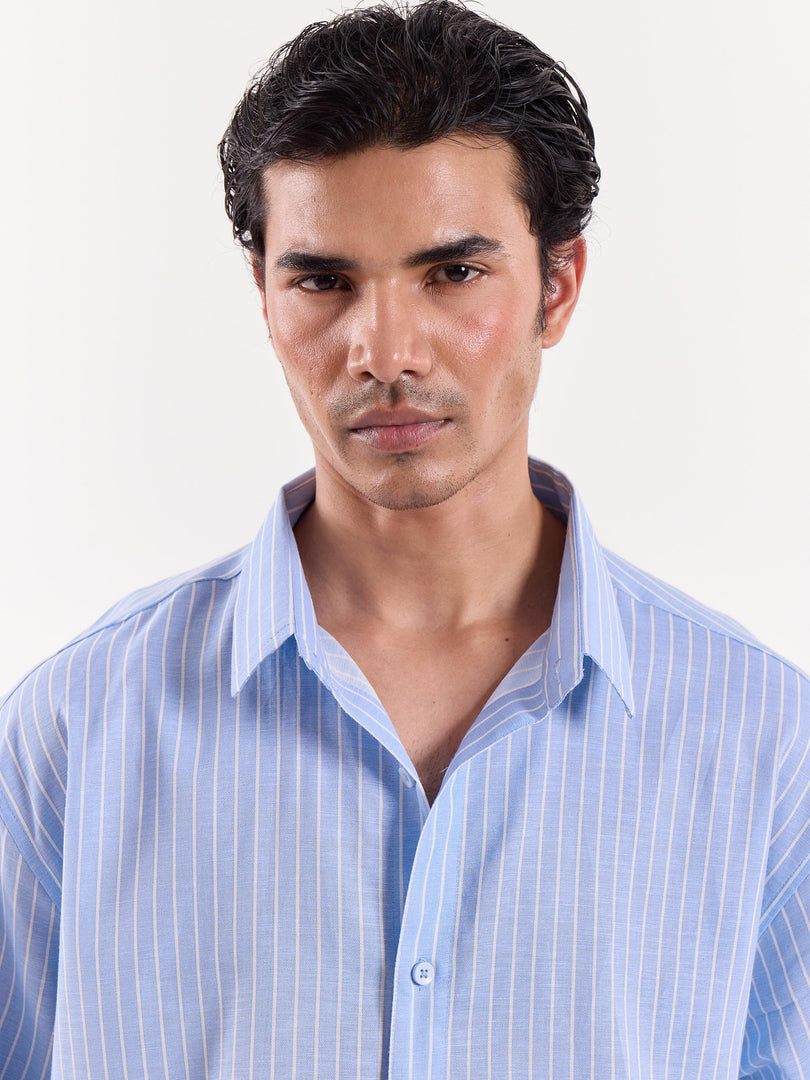 Blue & White Pinstriped Linen Cropped Shirt