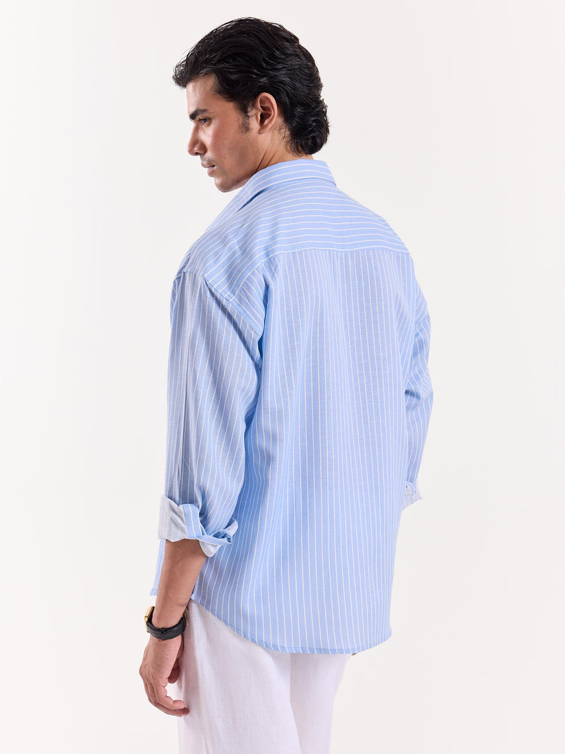 Blue & White Pinstriped Linen Cropped Shirt