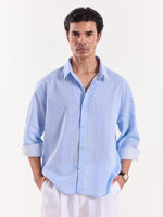 Load image into Gallery viewer, Blue &amp; White Pinstriped Linen Cropped Shirt