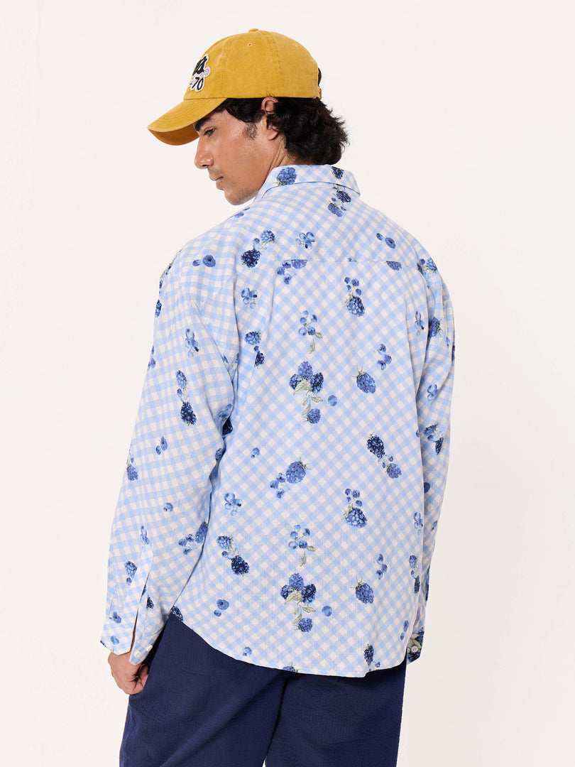 Blueberry Gingham Printed Cropped Shirt