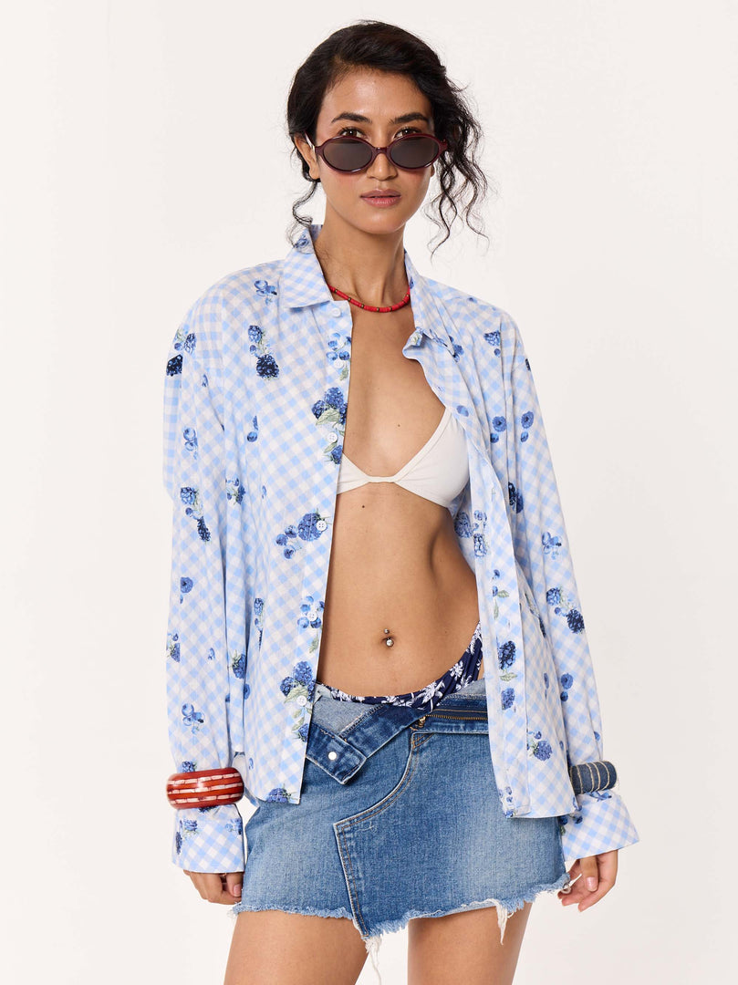 Blueberry Gingham Printed Cropped Shirt