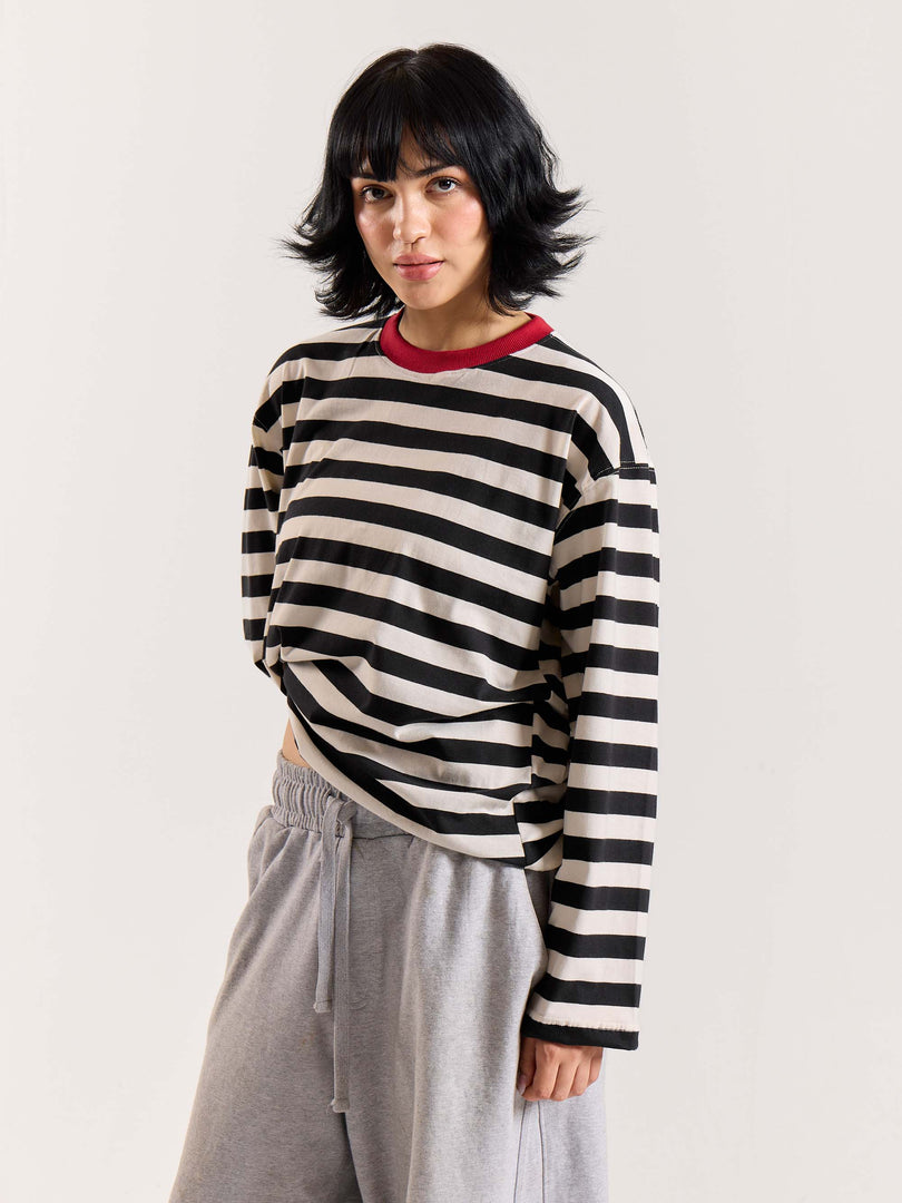 Bold Black & White Striped Loose Fit Cropped T-Shirt