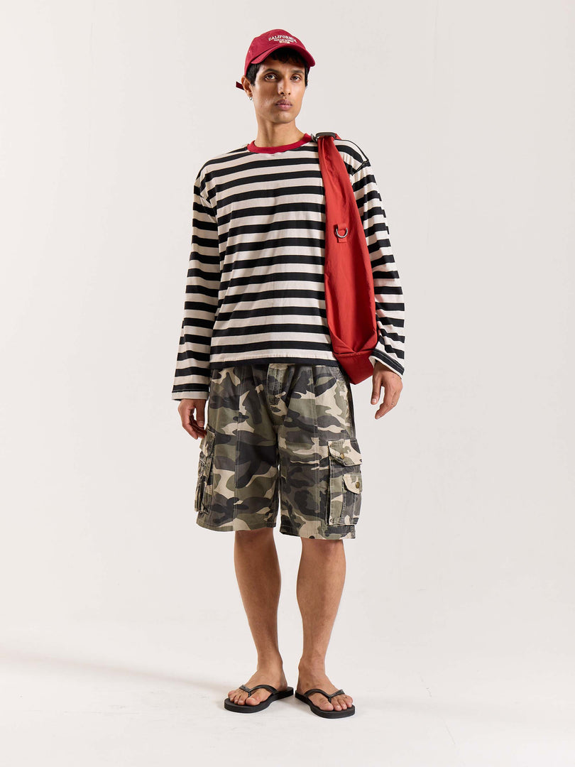 Bold Black & White Striped Loose Fit Cropped T-Shirt