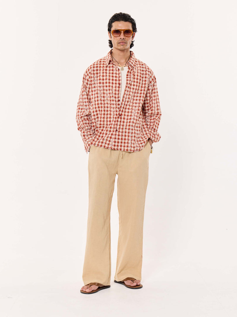 Brick Red Embroidered Gingham Cropped Shirt