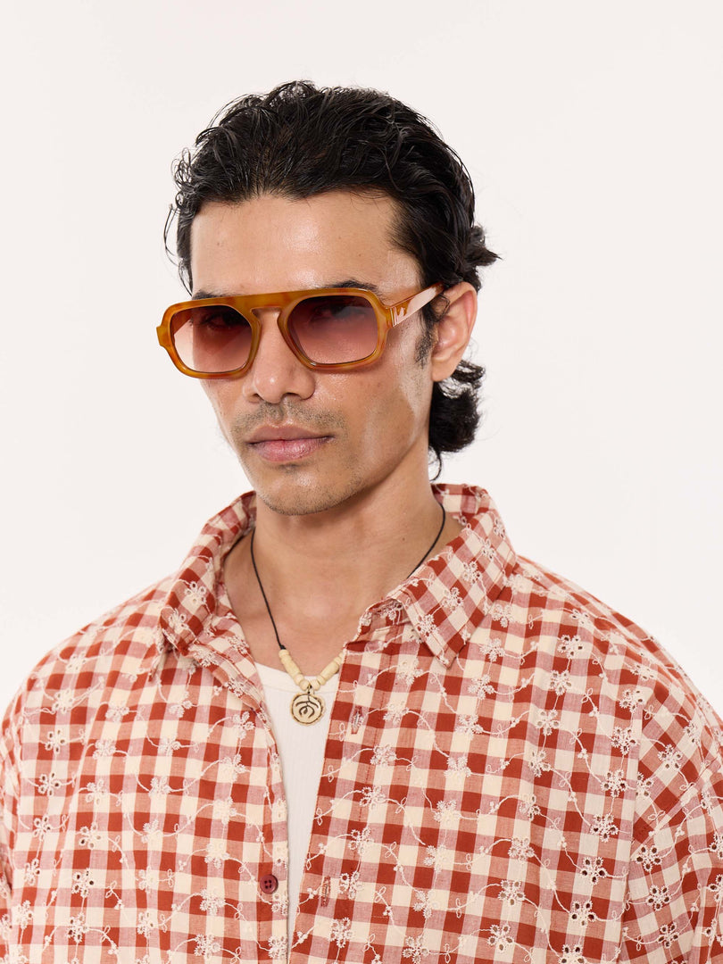 Brick Red Embroidered Gingham Cropped Shirt