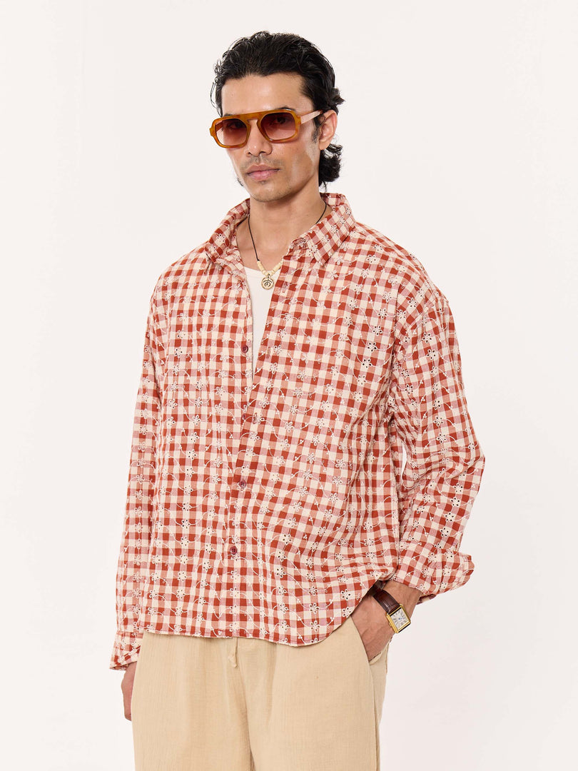 Brick Red Embroidered Gingham Cropped Shirt