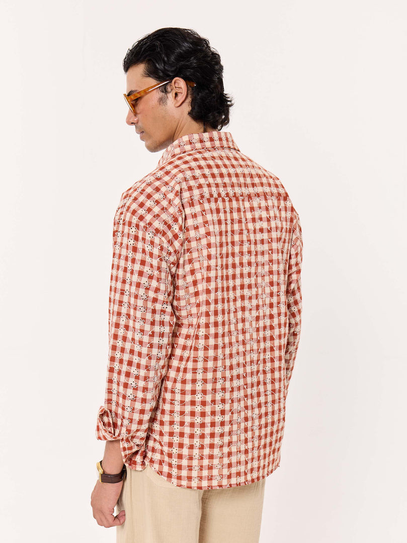 Brick Red Embroidered Gingham Cropped Shirt