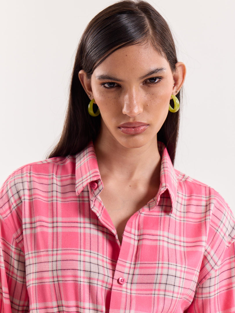 Bright Pink Checkered Cropped Shirt