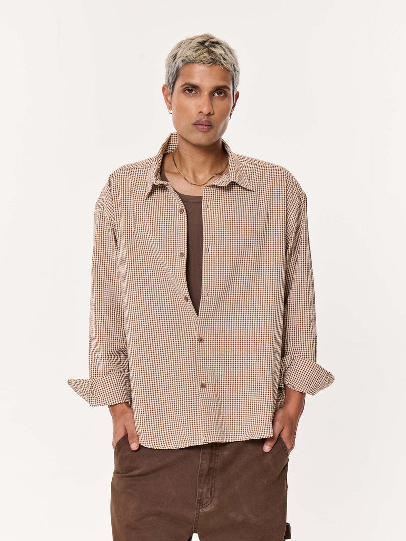 Brown Gingham Oversized Cropped Shirt