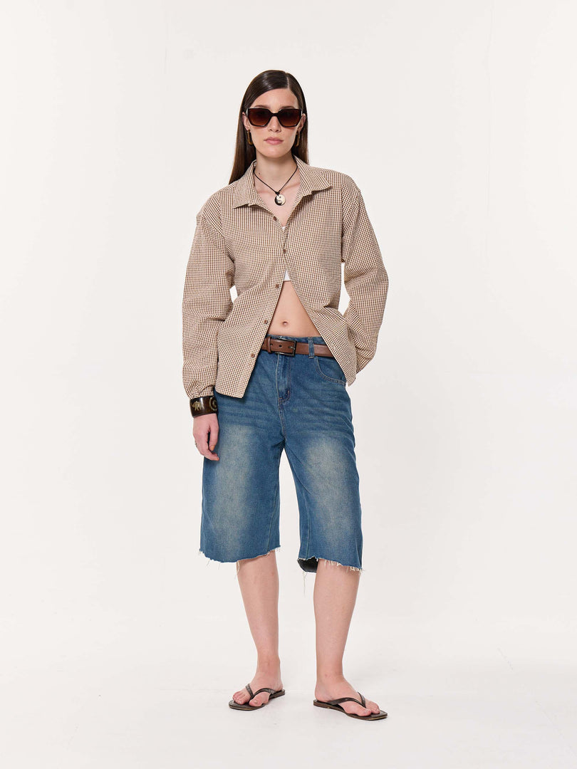 Brown Gingham Oversized Cropped Shirt