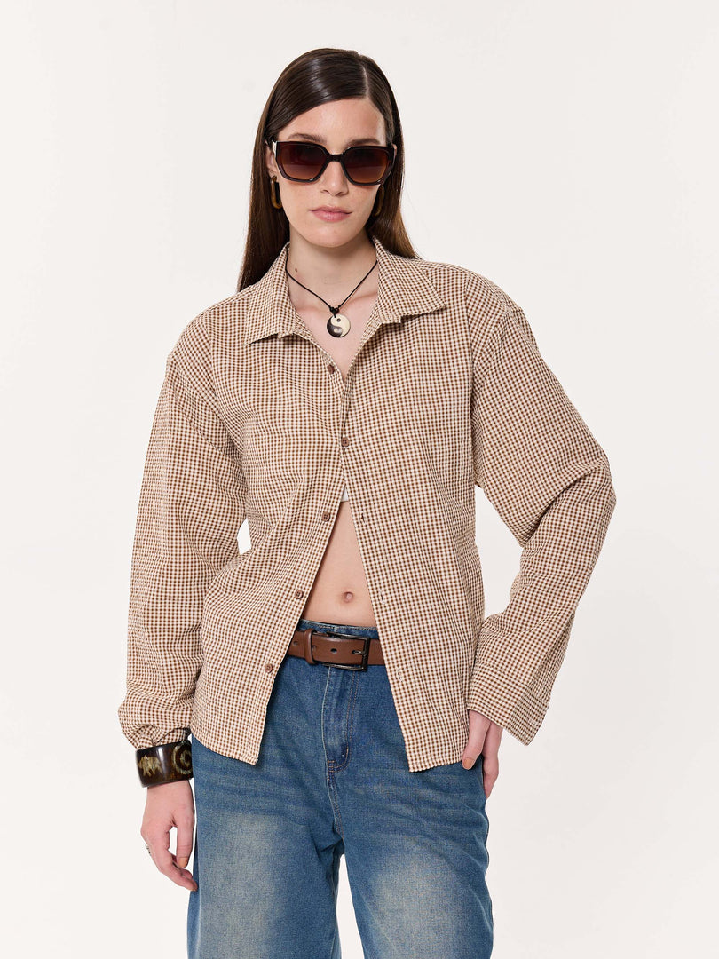 Brown Gingham Oversized Cropped Shirt
