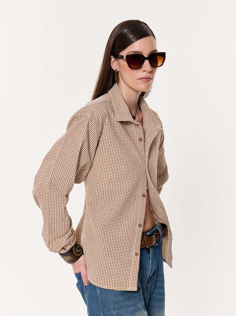 Brown Gingham Oversized Cropped Shirt