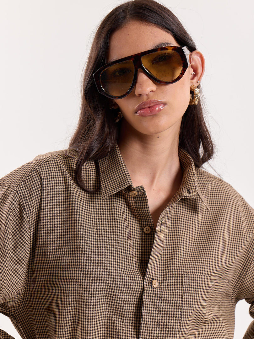 Brown Houndstooth Cropped Shirt