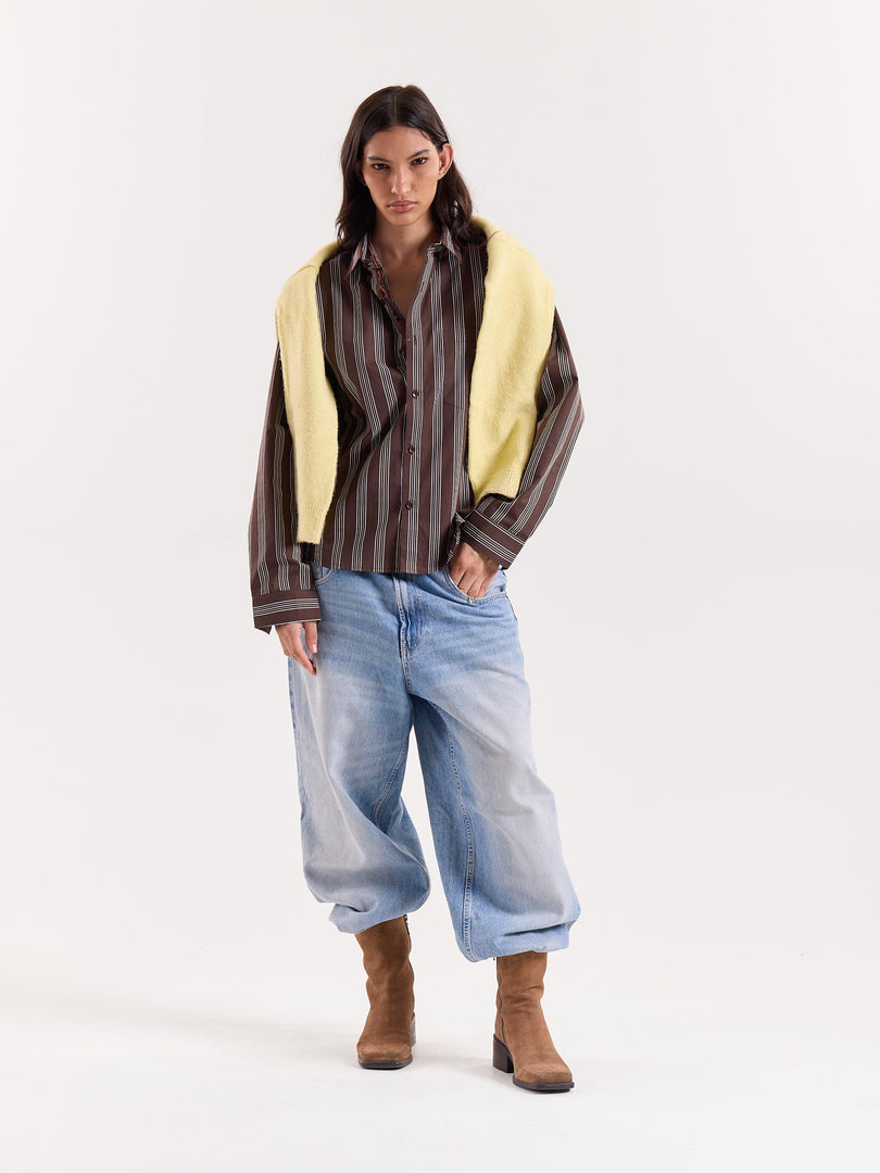 Brown Retro Striped Poplin Cropped Shirt