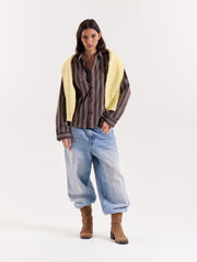 Brown Retro Striped Poplin Cropped Shirt