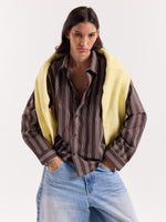 Load image into Gallery viewer, Brown Retro Striped Poplin Cropped Shirt