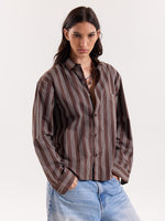 Load image into Gallery viewer, Brown Retro Striped Poplin Cropped Shirt