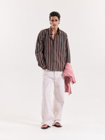 Load image into Gallery viewer, Brown Retro Striped Poplin Cropped Shirt