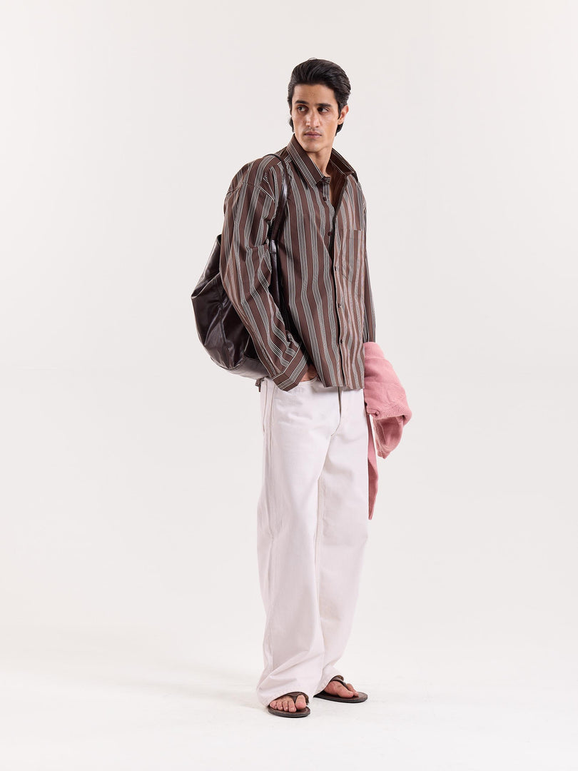 Brown Retro Striped Poplin Cropped Shirt