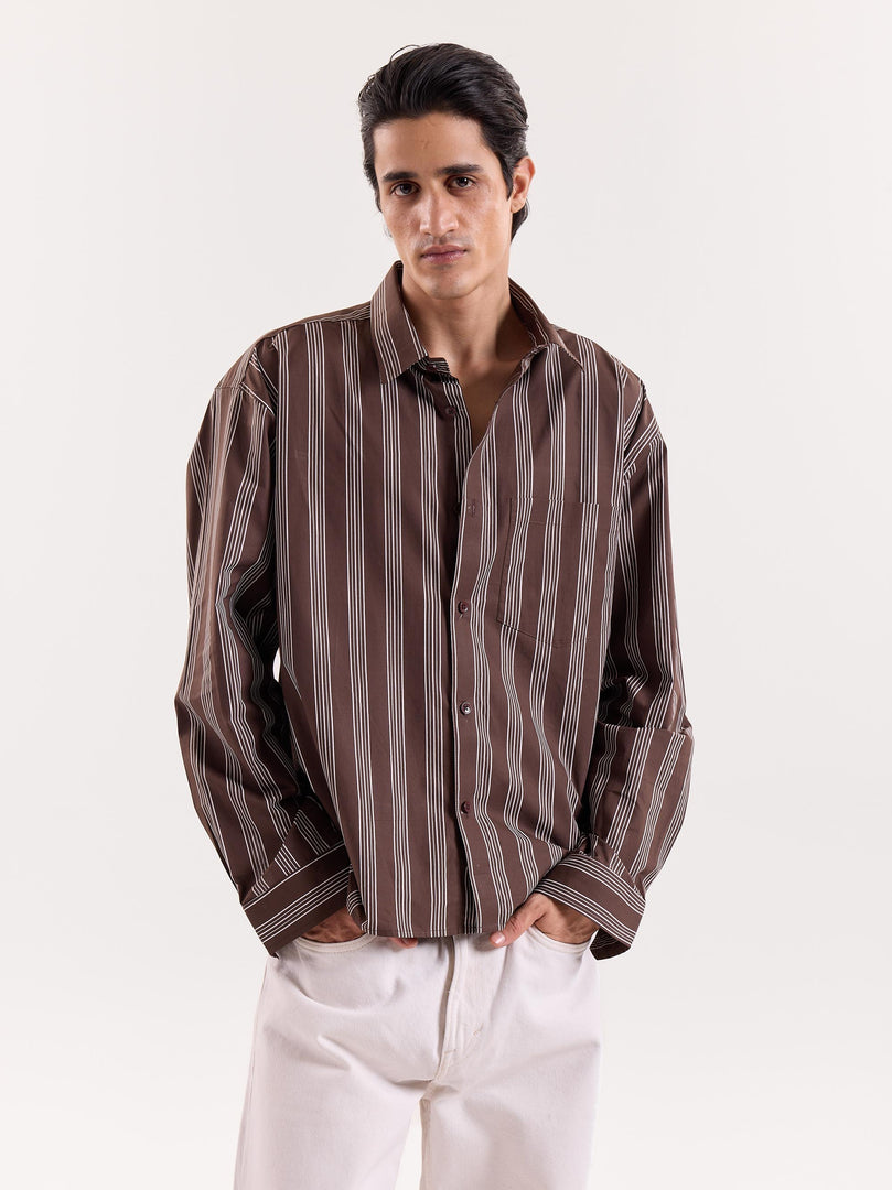 Brown Retro Striped Poplin Cropped Shirt