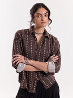 Load image into Gallery viewer, Brown Striped Floral Cropped Shirt