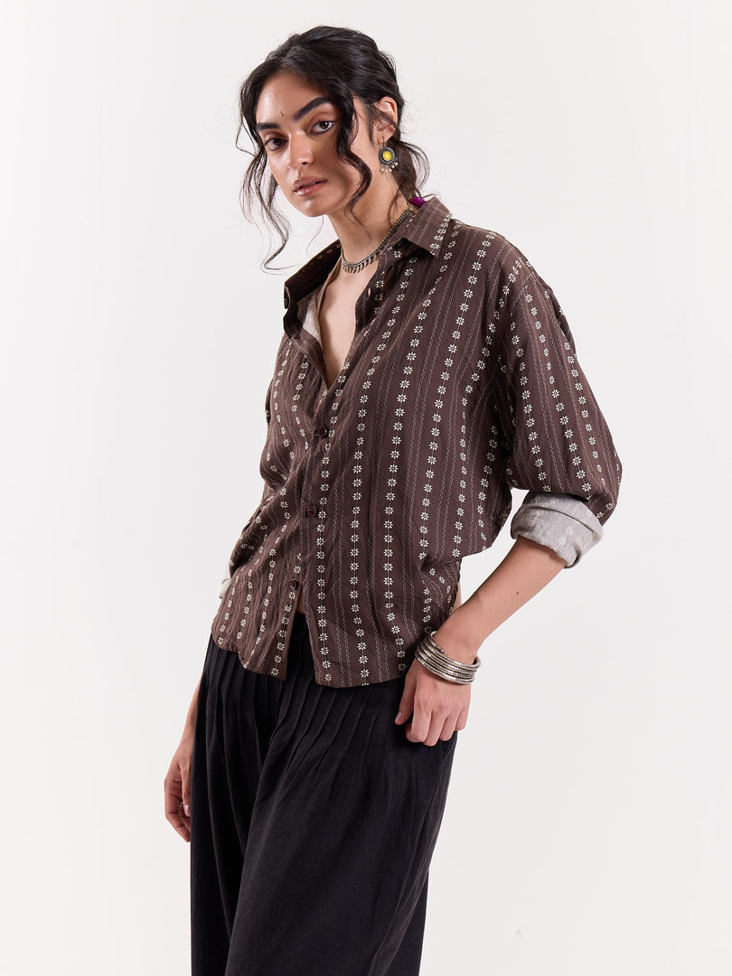 Brown Striped Floral Cropped Shirt