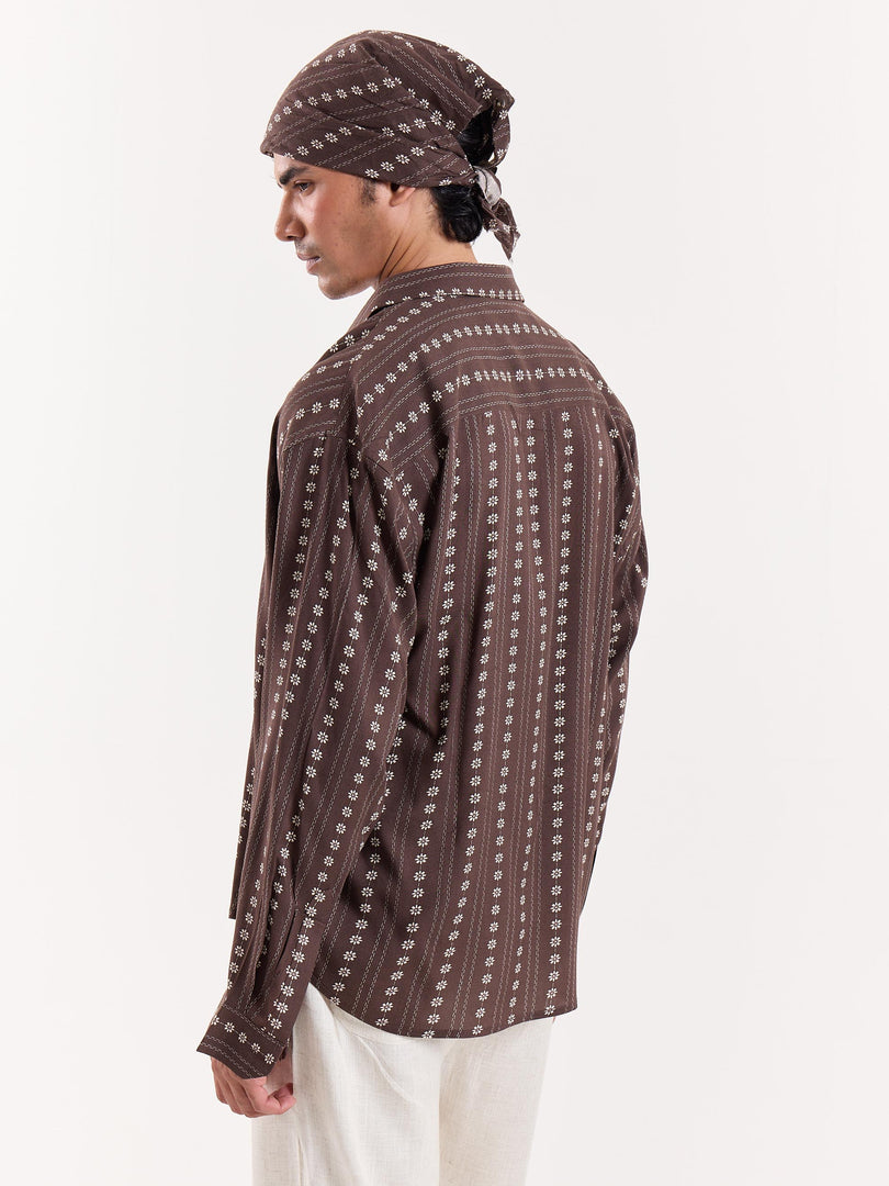 Brown Striped Floral Cropped Shirt