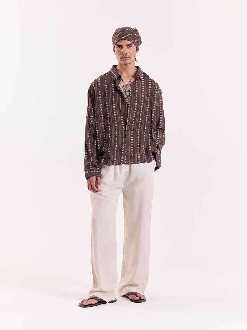 Brown Striped Floral Cropped Shirt