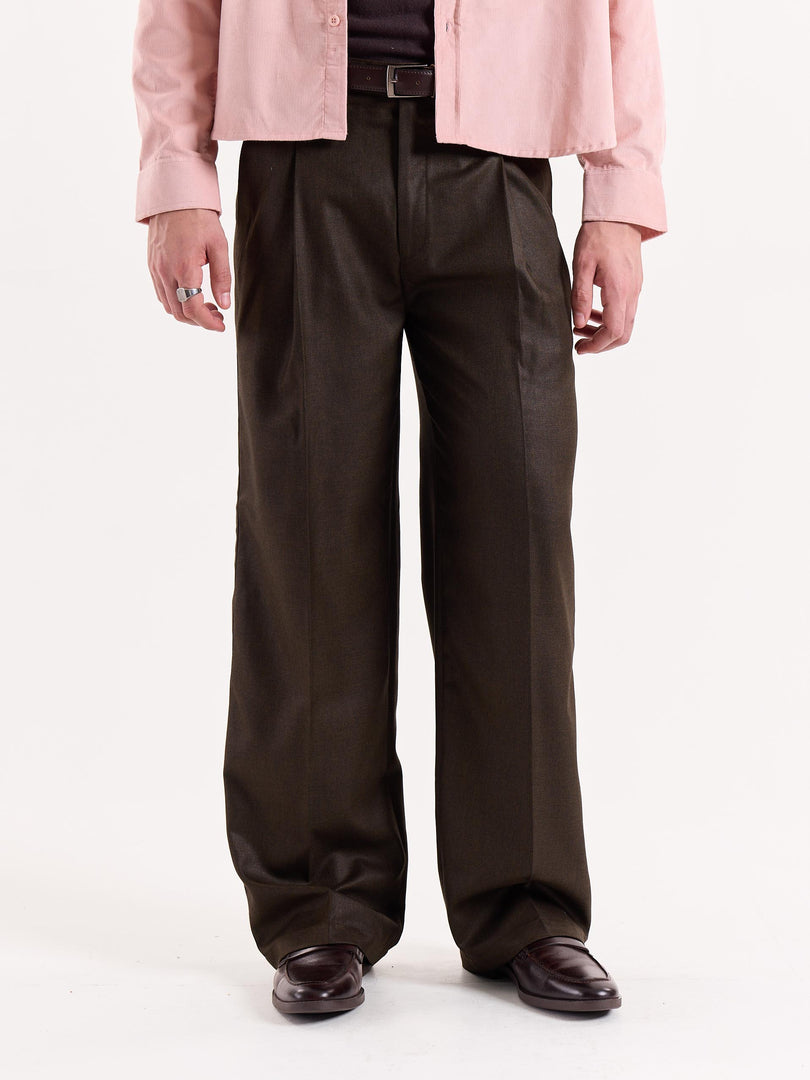 Brown Textured Baggy Fit Trousers