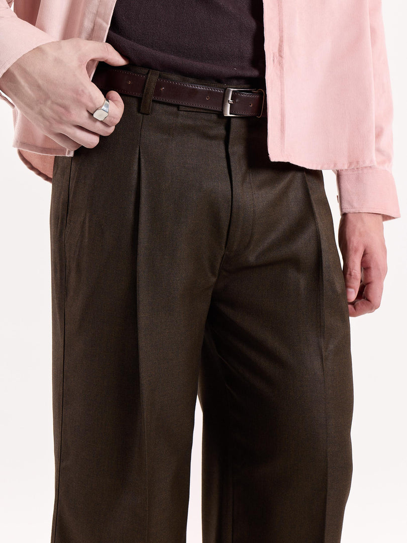 Brown Textured Baggy Fit Trousers
