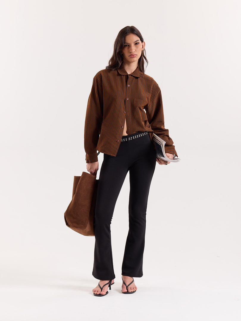 Brown & Black Striped Seersucker Cropped Shirt