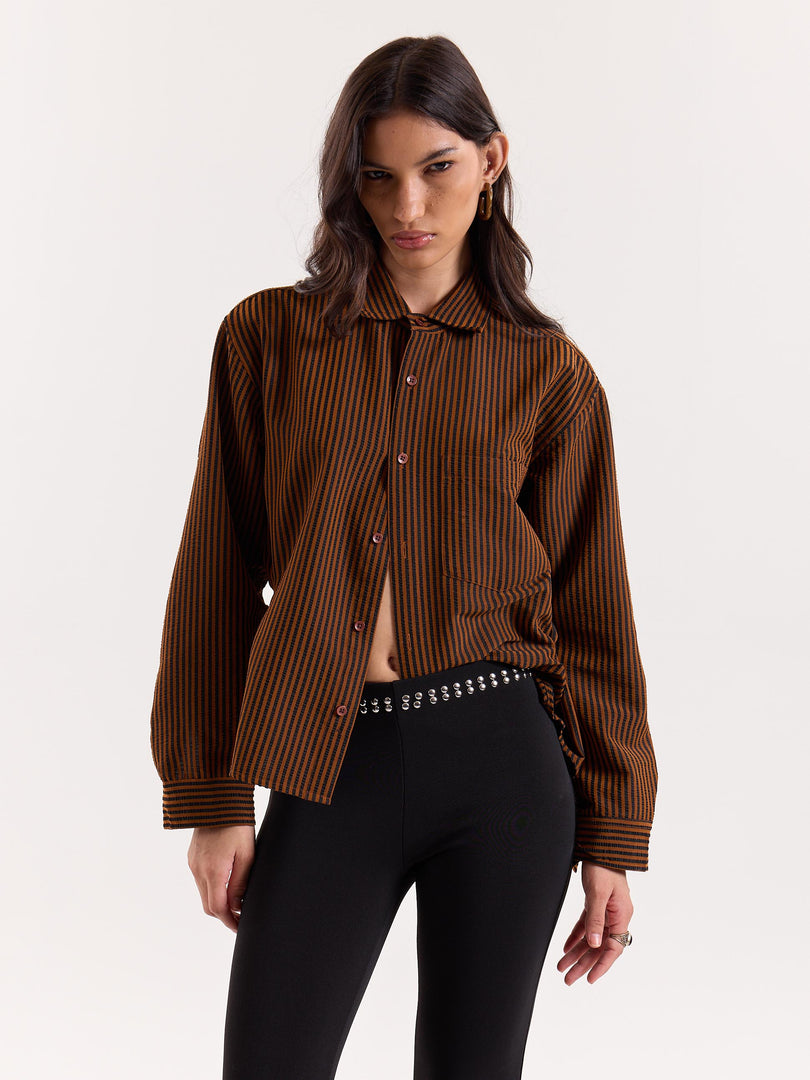 Brown & Black Striped Seersucker Cropped Shirt
