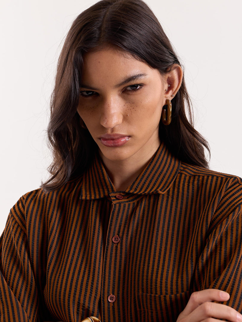 Brown & Black Striped Seersucker Cropped Shirt