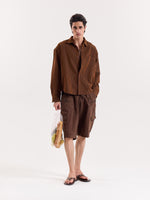 Load image into Gallery viewer, Brown &amp; Black Striped Seersucker Cropped Shirt